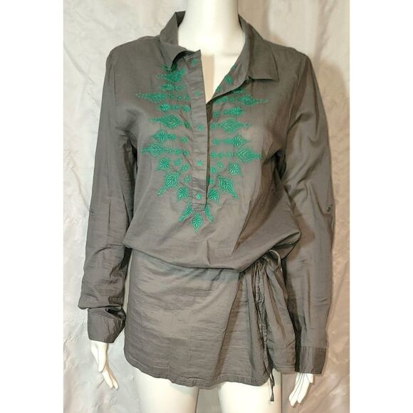Prana Embroidered Drop Waist Drawstring 100% Cotton Roll Sleeve Tunic - Size M - Picture 2 of 13